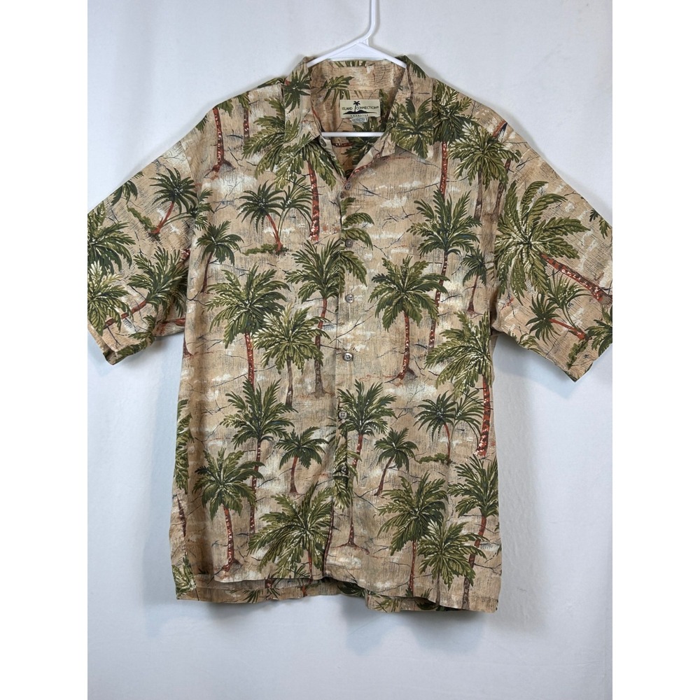 Island Connection Button Up Shirt Mens XL Tan Excellent Palm Tree Tropical Print